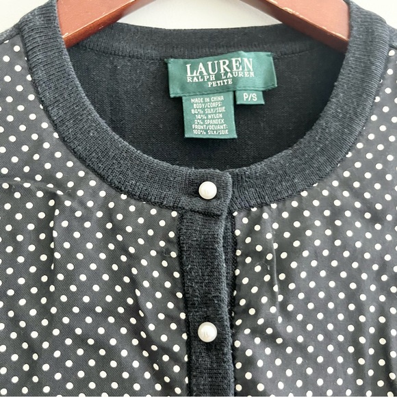 Lauren Ralph Lauren Silk Black & White Polka Dot Cardigan Sweater Petite Small - Picture 4 of 8